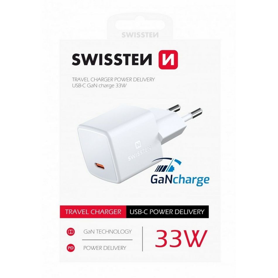 SWISSTEN Mini adaptér GaN 33W USB-C, bílá