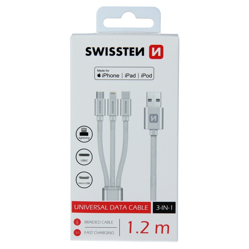 SWISSTEN Univerzální kabel USB 3v1, 1,2m stříbrná