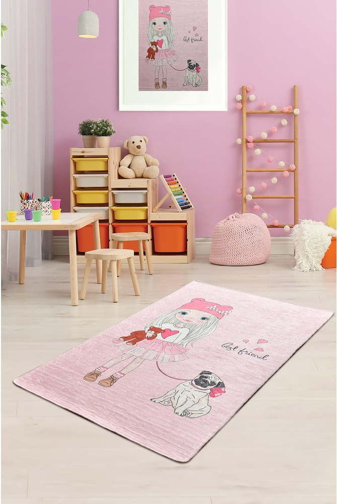 Růžový dětský protiskluzový koberec Conceptum Hypnose Best Friend, 100 x 160 cm