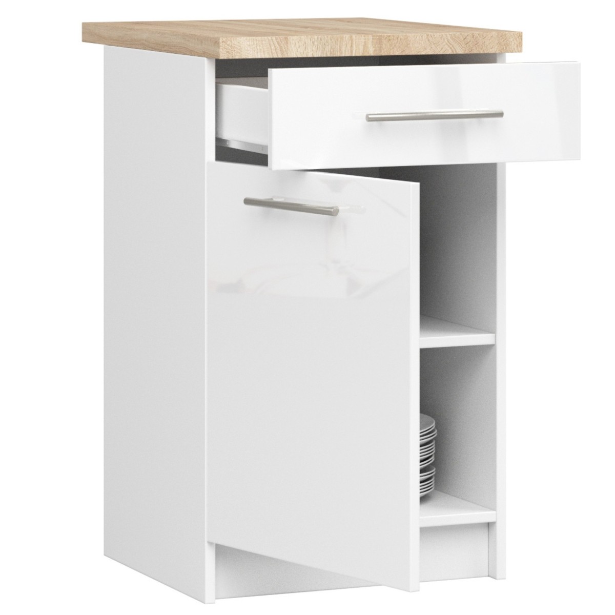 Ak furniture Kuchyňská skříňka Olivie S 50 cm 1D 1S bílá/bílý lesk/dub sonoma