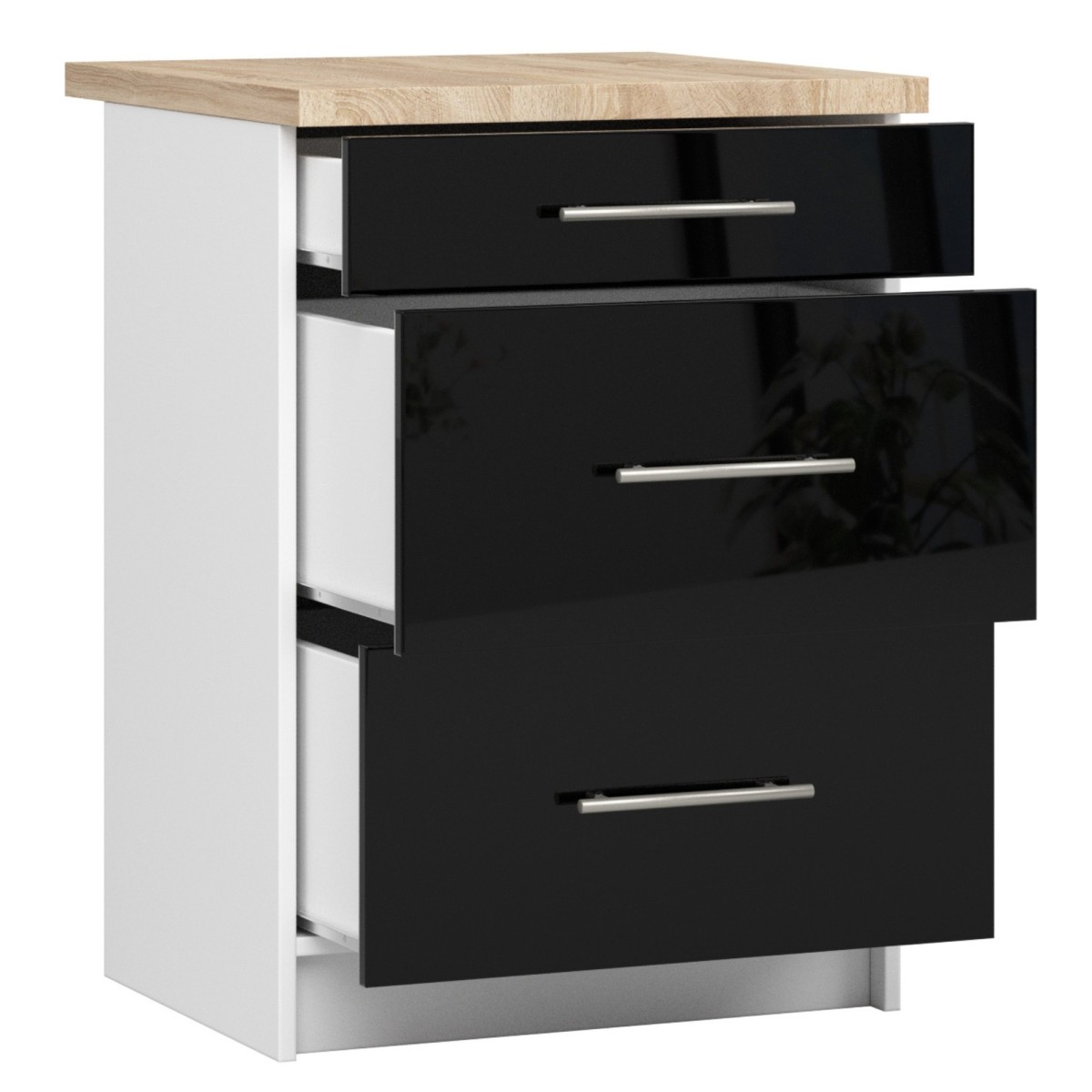 Ak furniture Kuchyňská skříňka Olivie S 60 cm 3S bílá/černý lesk/dub sonoma