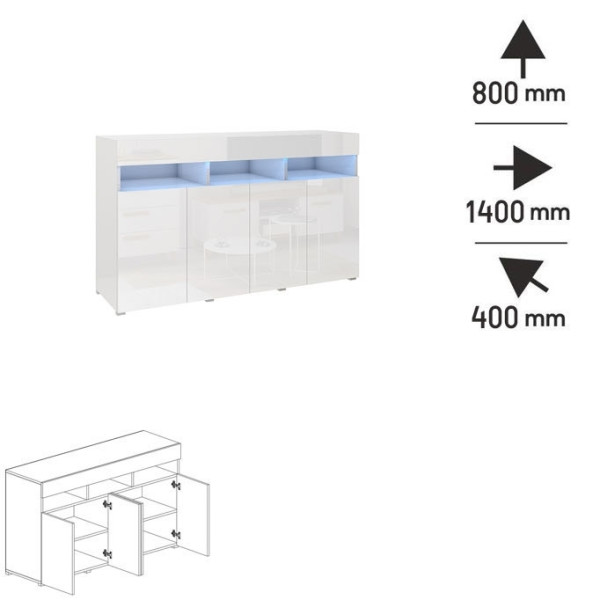 Komoda ANTOFALLA 140, bílá/bílý lesk