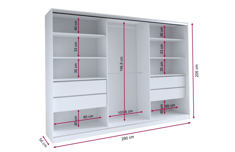 Šatní skříň HARAZIA 280 se zrcadlem, 4 šuplíky a 2 šatními tyčemi, bílý mat