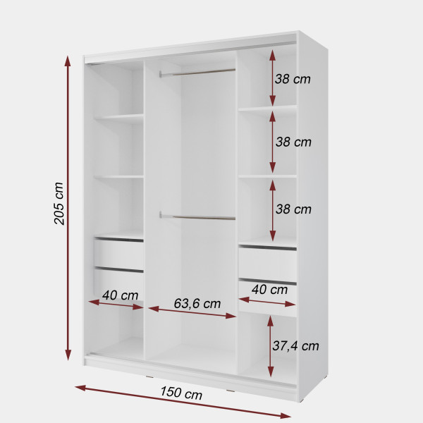 Šatní skříň NEJBY BARNABA 150 cm s posuvnými dveřmi, zrcadlem,4 šuplíky a 2 šatními tyčemi,bílý lesk