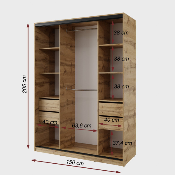 Šatní skříň NEJBY BARNABA 150 cm s posuvnými dveřmi, zrcadlem,4 šuplíky a 2 šatními tyčemi,dub wotan
