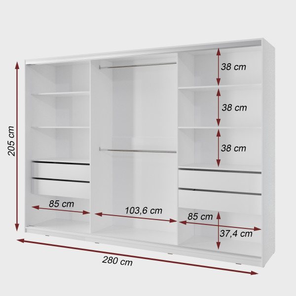 Šatní skříň NEJBY BARNABA 280 cm s posuvnými dveřmi, zrcadlem,4 šuplíky a 2 šatními tyčemi,bílý lesk