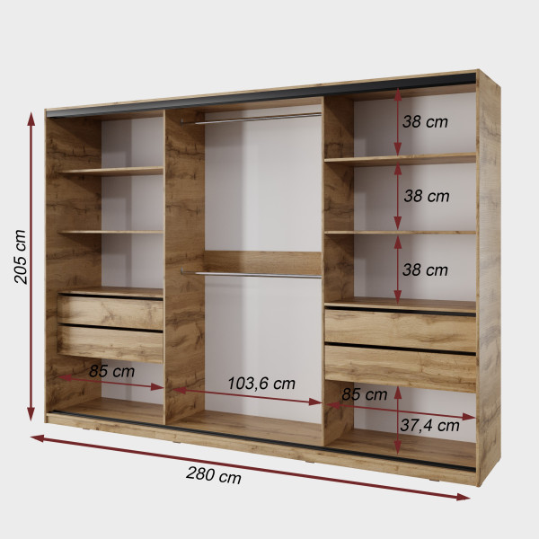 Šatní skříň NEJBY BARNABA 280 cm s posuvnými dveřmi,zrcadlem,4 šuplíky a 2 šatními tyčemi,dub wotan