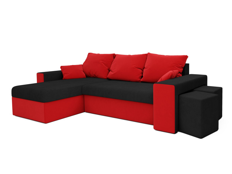 Rohová sedačka AGUDONG s taburety, černá/červená