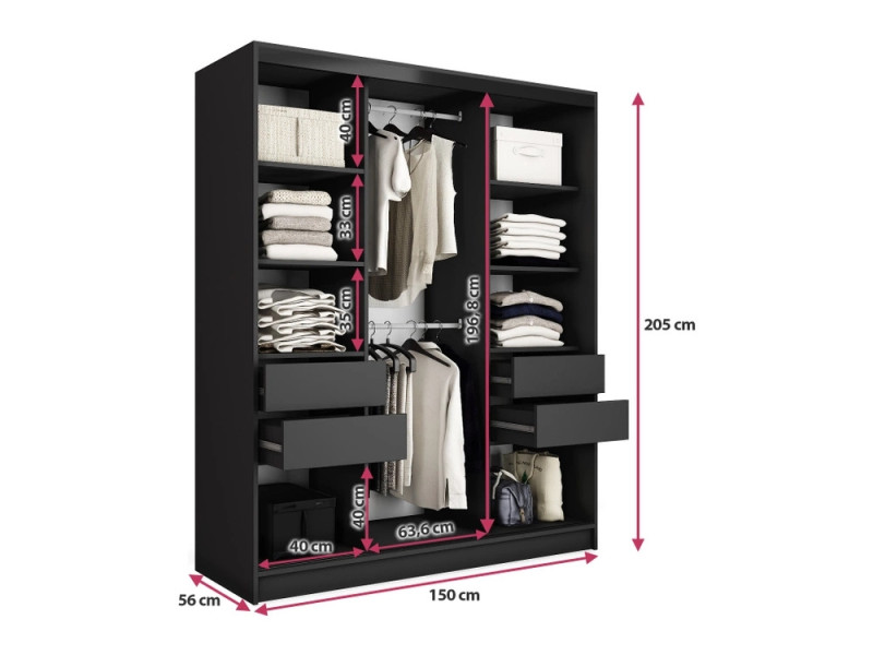 Šatní skříň HARAZIA 150 se zrcadlem, 4 šuplíky a 2 šatními tyčemi, černá/béžová