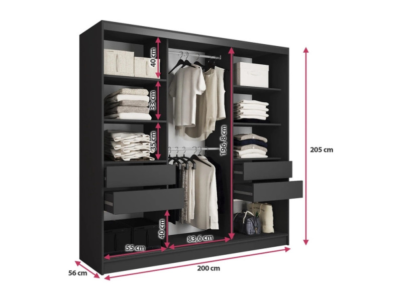 Šatní skříň HARAZIA 200 se zrcadlem, 4 šuplíky a 2 šatními tyčemi, černá/cihlově červená
