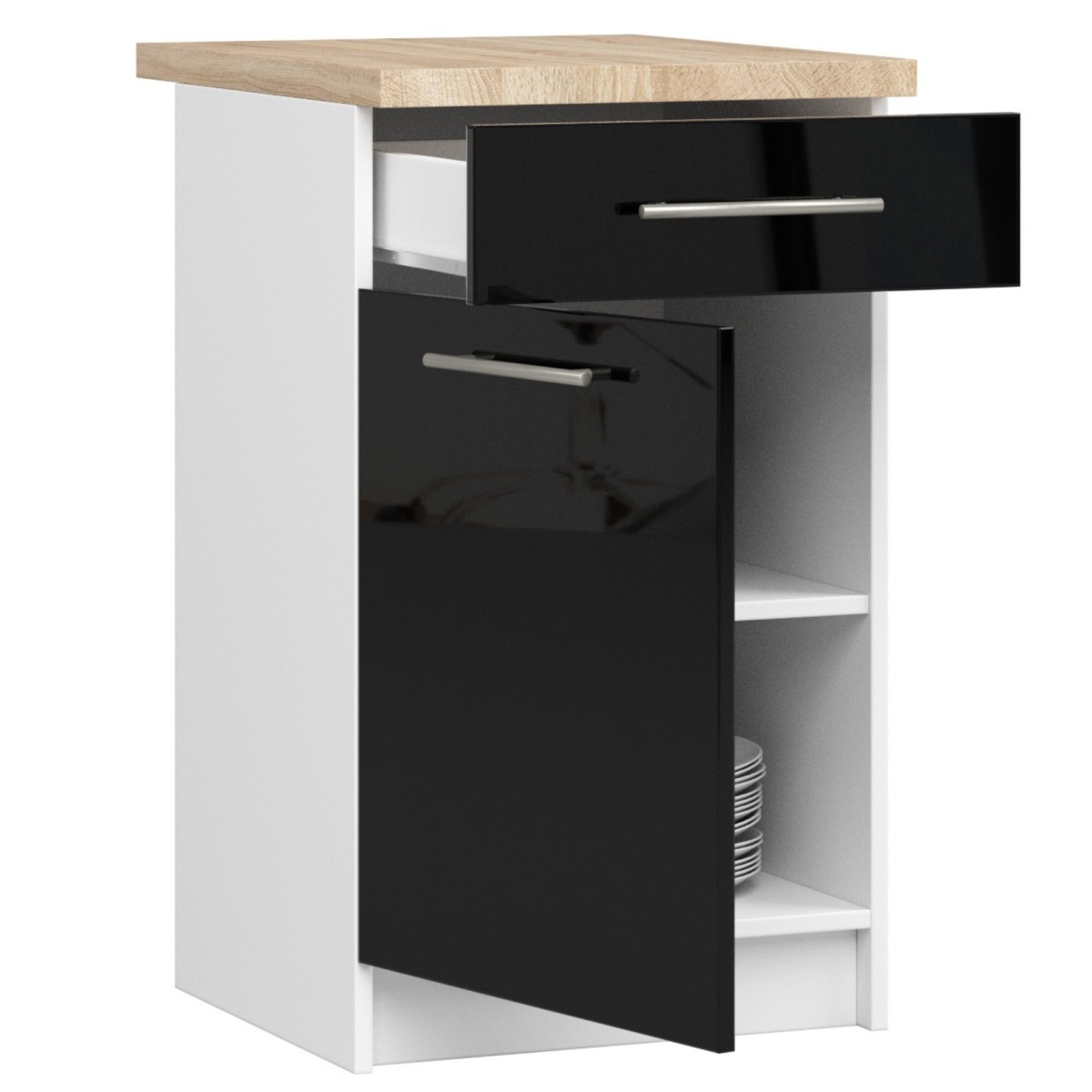 Ak furniture Kuchyňská skříňka Olivie S 50 cm 1D 1S bílá/černý lesk/dub sonoma