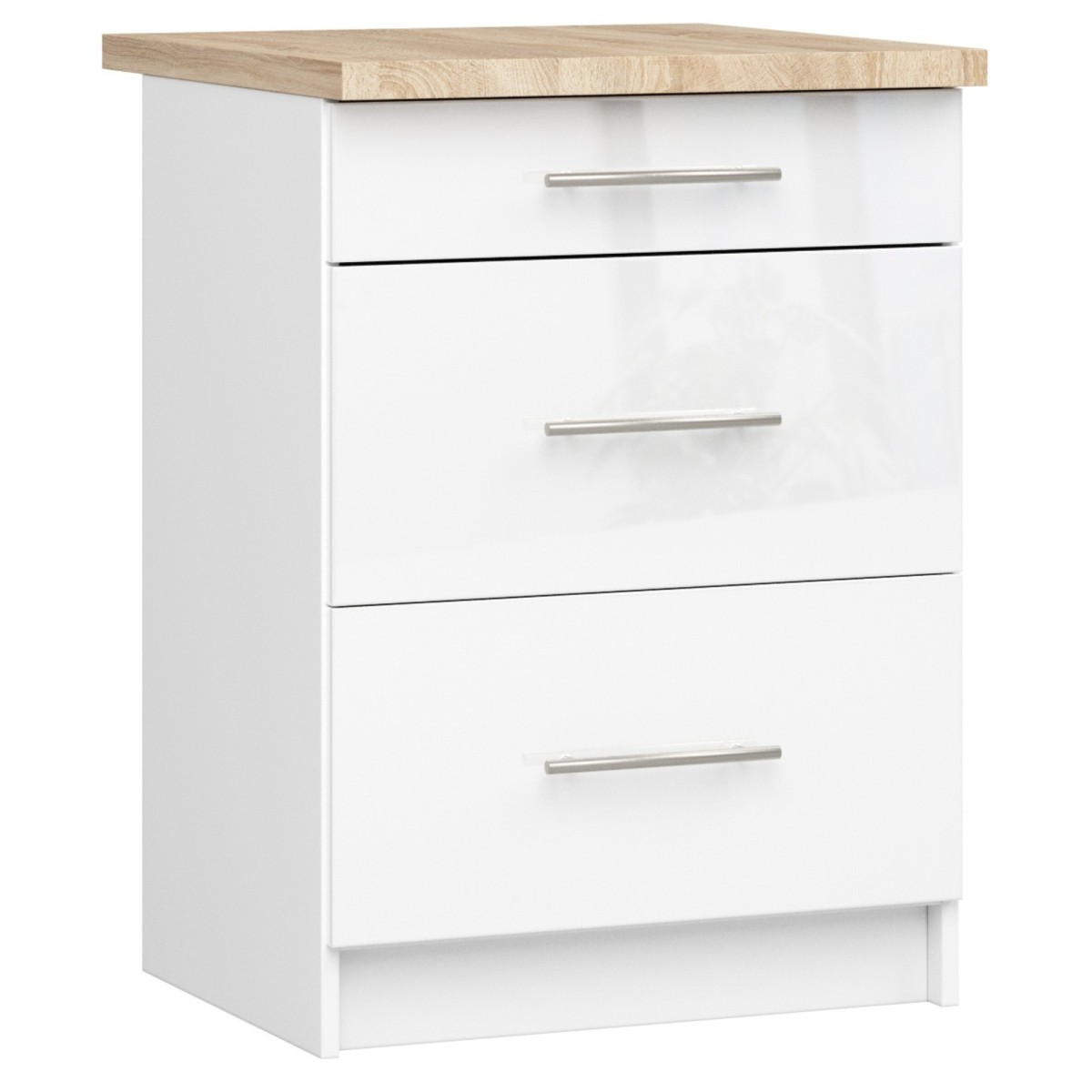 Ak furniture Kuchyňská skříňka Olivie S 60 cm 3S bílá/bílý lesk/dub sonoma