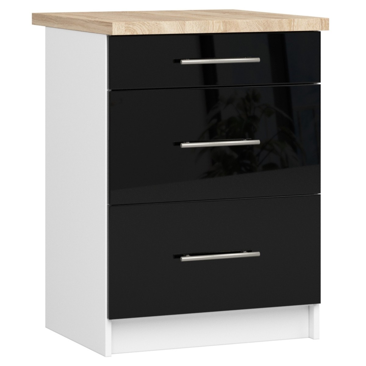 Ak furniture Kuchyňská skříňka Olivie S 60 cm 3S bílá/černý lesk/dub sonoma