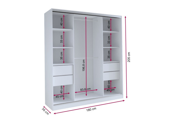 Šatní skříň HARAZIA 180 bez zrcadla, se 4 šuplíky a 2 šatními tyčemi, bílý mat