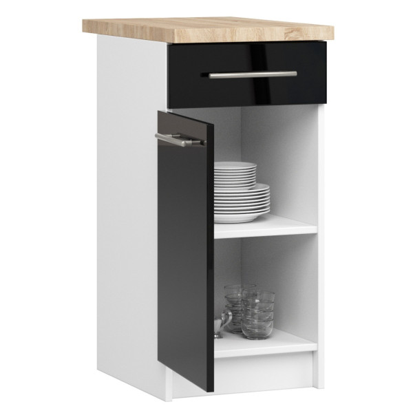 Ak furniture Kuchyňská skříňka Olivie S 40 cm 1D 1S bílá/černý lesk/dub sonoma