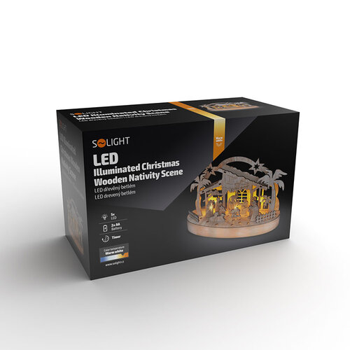 Solight Vánoční dřevěný podsvícený betlém, 5x LED, 25 cm, 2x AA